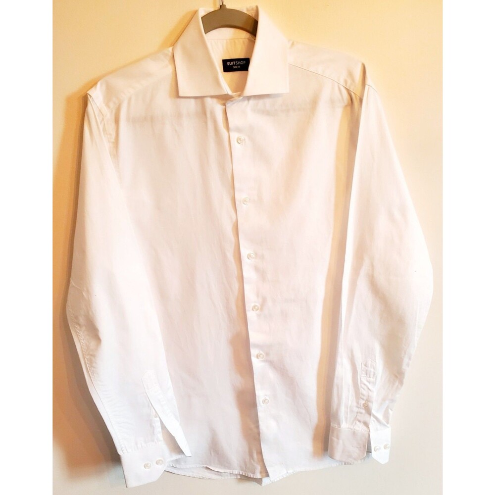 SuitShop Men's White 100% Cotton Dress Shirt Slim Fit Size S-T Small Tall